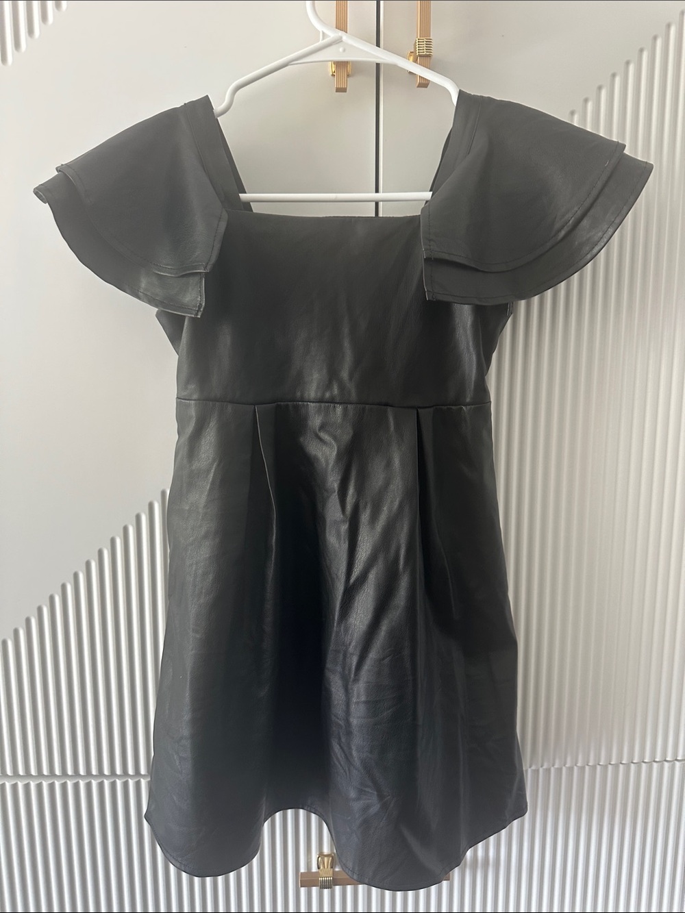 Black Faux Leather Girls' Dress with Flutter Shoulders
